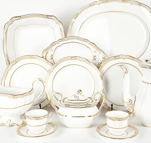 A SPODE WHITE AND GILT `SHEFFIELD' PATTERN BONE CHINA PART DINNER AND COFFEE SERVICE