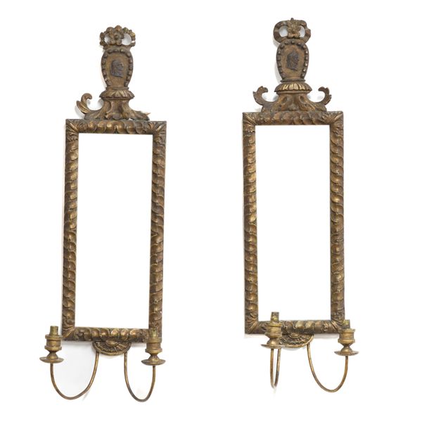 A PAIR OF TWIN BRANCH CONTINENTAL GILT FRAMED GIRANDOLE WALL MIRRORS (2)