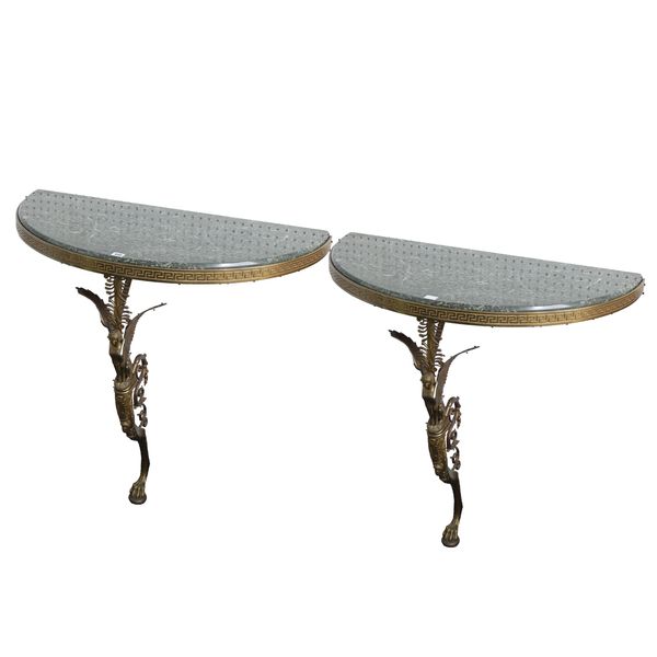 A PAIR OF MODERN MARBLE TOP DEMI-LUNE CONSOLE TABLES (2)