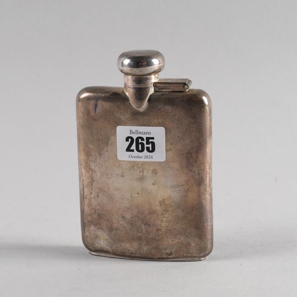 A SILVER CURVED RECTANGULAR SPIRIT HIP FLASK