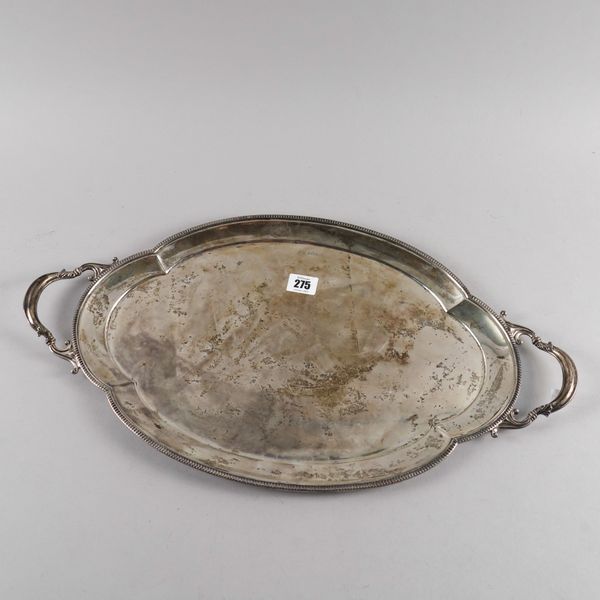 A SILVER SHAPED OVAL TWIN HANDLED TRAY