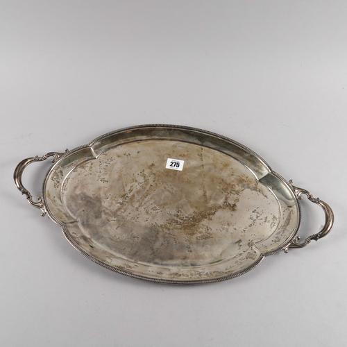 A SILVER SHAPED OVAL TWIN HANDLED TRAY
