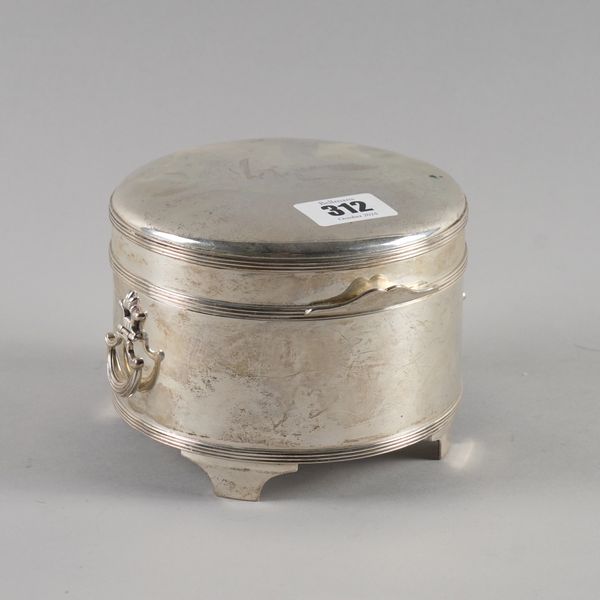 A SILVER TWIN HANDLED BISCUIT BOX