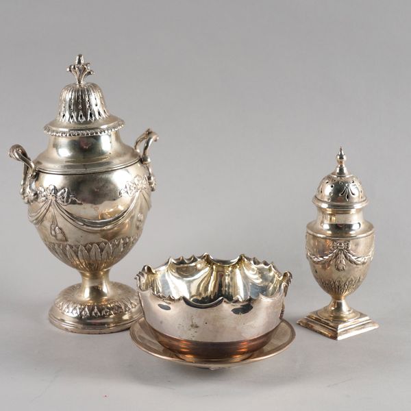 A VICTORIAN SILVER SUGAR CASTER AND THREE FURTHER ITEMS (4)