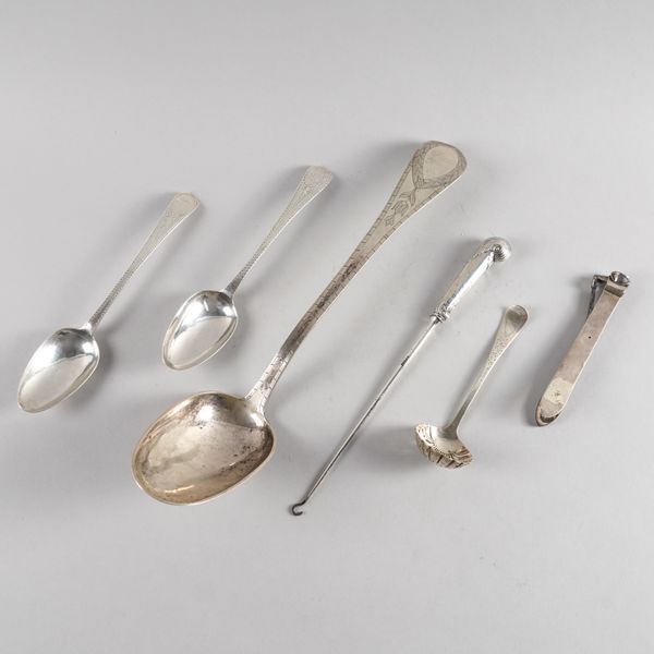 A LARGE BASTING SPOON AND FIVE FURTHER ITEMS (6)