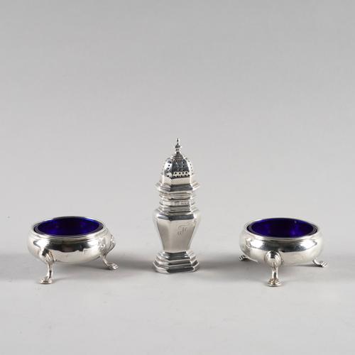 A PAIR OF LATE GEORGE II SILVER SALTS AND A SILVER PEPPERETTE (3)