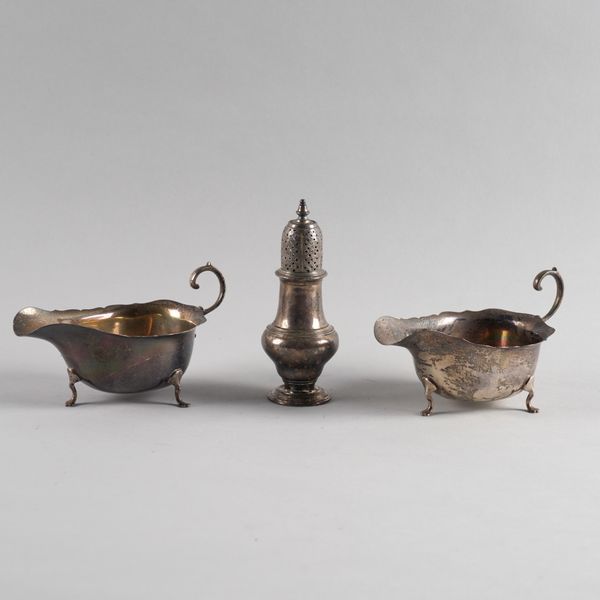 TWO SILVER SAUCEBOATS AND A SUGAR CASTER (3)