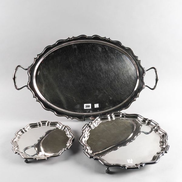 A PLATED TRAY AND TWO PLATED SALVERS (3)