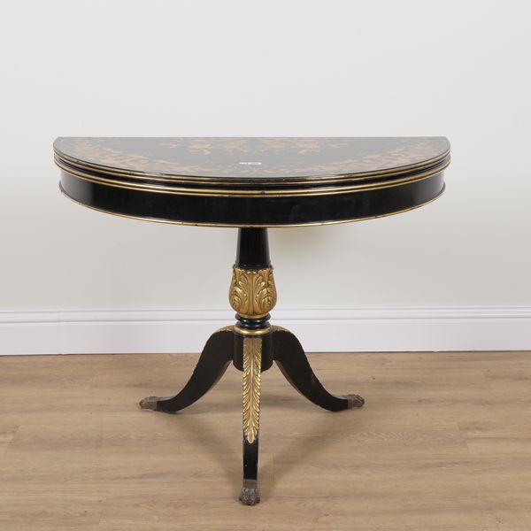 A 19TH CENTURY ITALIAN PARCEL GILT MARQUETRY INLAID DEMILUNE FOLDOVER CARD TABLE