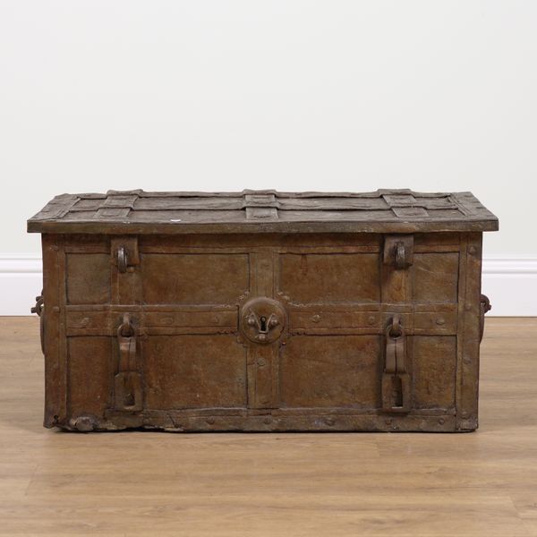 AN 18TH CENTURY AND LATER GOLD PAINTED IRON ARMADA STYLE TRUNK