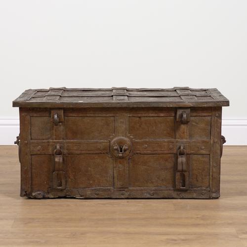 AN 18TH CENTURY AND LATER GOLD PAINTED IRON ARMADA STYLE TRUNK
