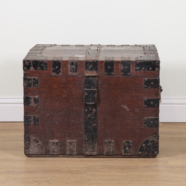 AN EARLY 20TH CENTURY IRON BOUND OAK SILVER CHEST