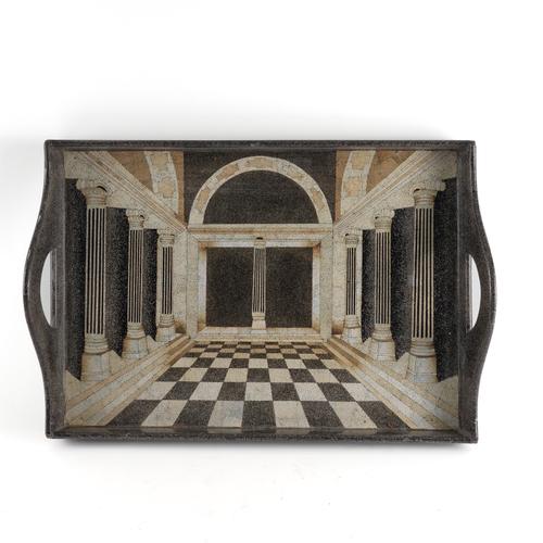A TROMP L’OEIL TWIN HANDLED TRAY DEPICTING AN ARCHITECTURAL COLONNADE