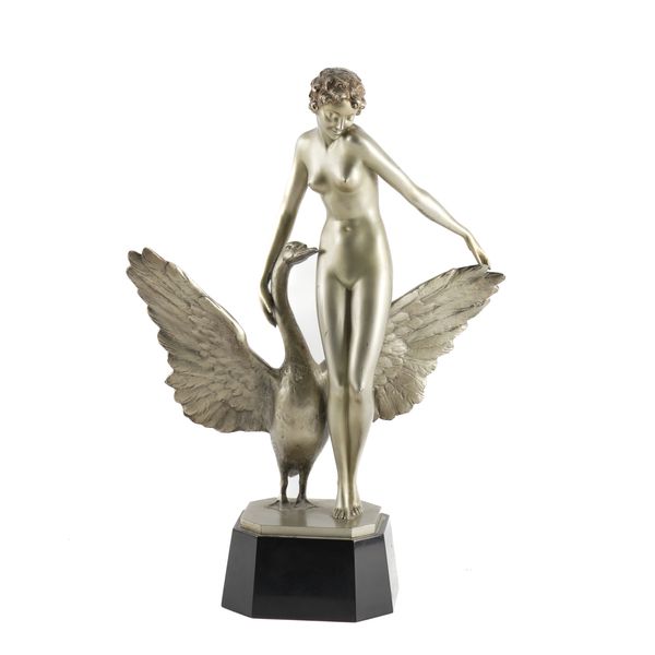 PAUL PHILIPPE (FRENCH, 1870-1930): AN ART DECO SILVERED BRONZE MODEL OF LEDA AND THE SWAN