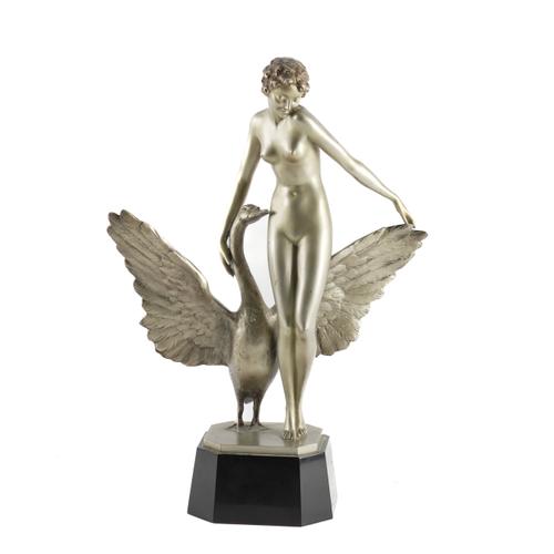 PAUL PHILIPPE (FRENCH, 1870-1930): AN ART DECO SILVERED BRONZE MODEL OF LEDA AND THE SWAN