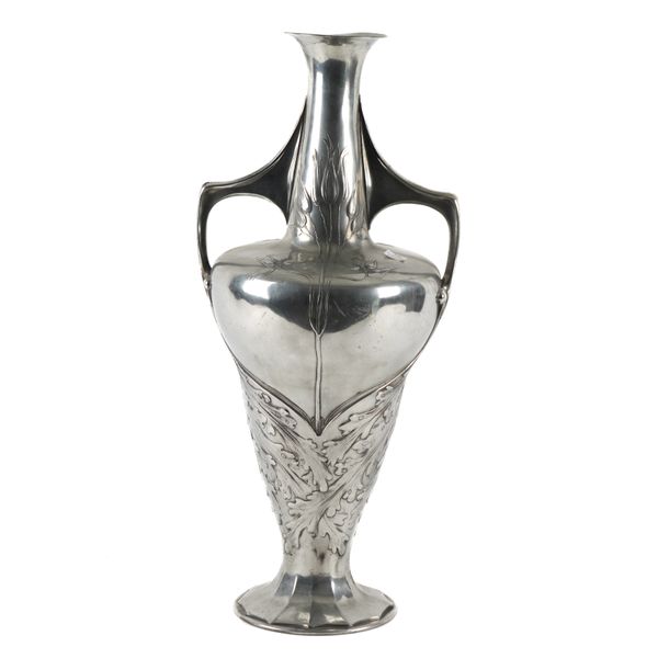 ORIVIT: A GERMAN ART NOUVEAU POLISHED PEWTER SLENDER TWIN-HANDLED VASE