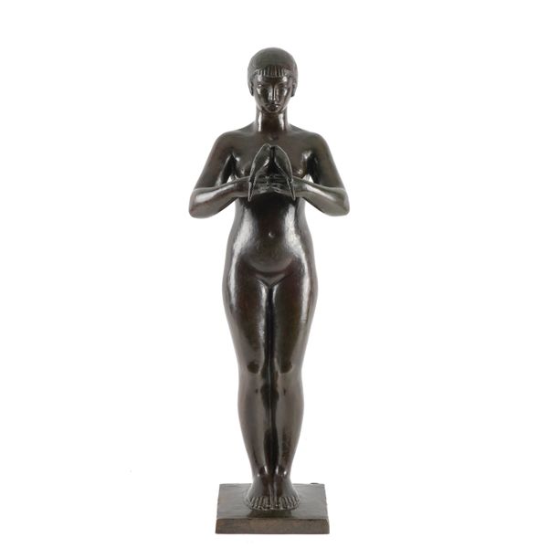 PAUL SILVESTRE (FRENCH, 1884-1976); AN ART DECO PATINATED BRONZE FEMALE NUDE WTIH TWO DOVES