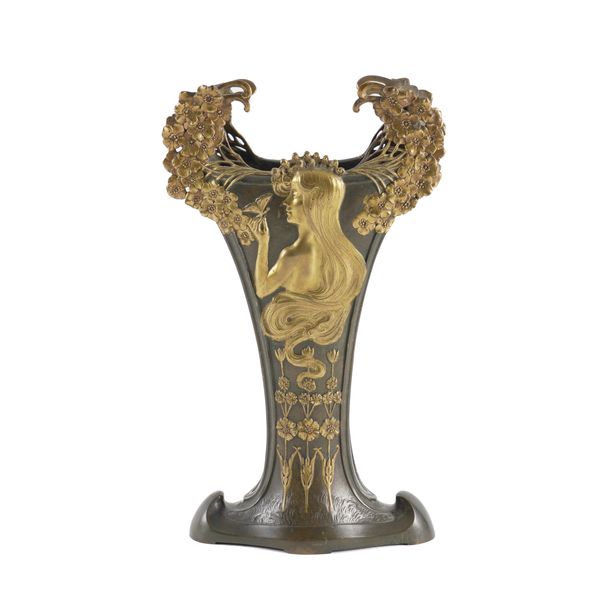 A FRENCH ART NOUVEAU PARCEL GILT AND PATINATED BRONZE VASE