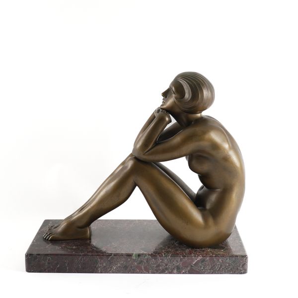 MAURICE GUIRAUD-RIVIÈRE (FRENCH, 1881-1947): AN ART DECO PATINATED BRONZE OF A WOMAN KNOWN AS  ‘THOUGHTS’