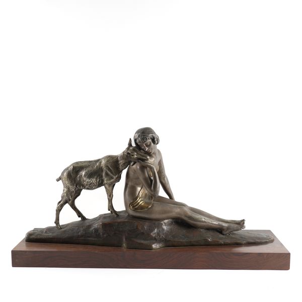 ALEXANDRE-PIERRE MORLON (FRENCH 1878-1951): AN ART DECO SILVERED BRONZE GROUP OF 'THE NYMPH AND DEER'