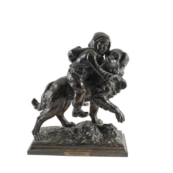 ADRIEN ETIENNE GAUDEZ (1845-1902): A FRENCH PATINATED BRONZE MODEL OF THE 'CHIEN DU ST. BERNARD'