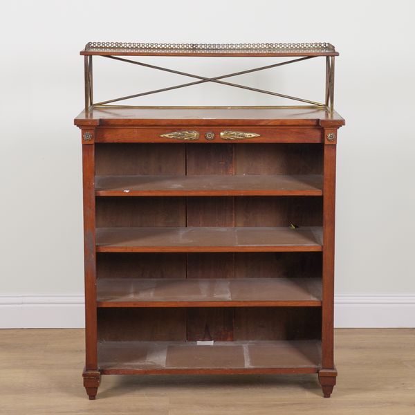 A LATE 19TH CENTURY FRENCH EMPIRE REVIVAL GILT METAL MOUNTED MAHOGANY SHELF BACK FLOOR STANDING OPEN BOOKCASE