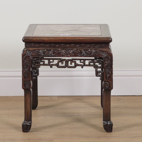 A LATE 19TH CENTURY CHINESE EXPORT MARBLE INSET SQUARE OCCASIONAL TABLE