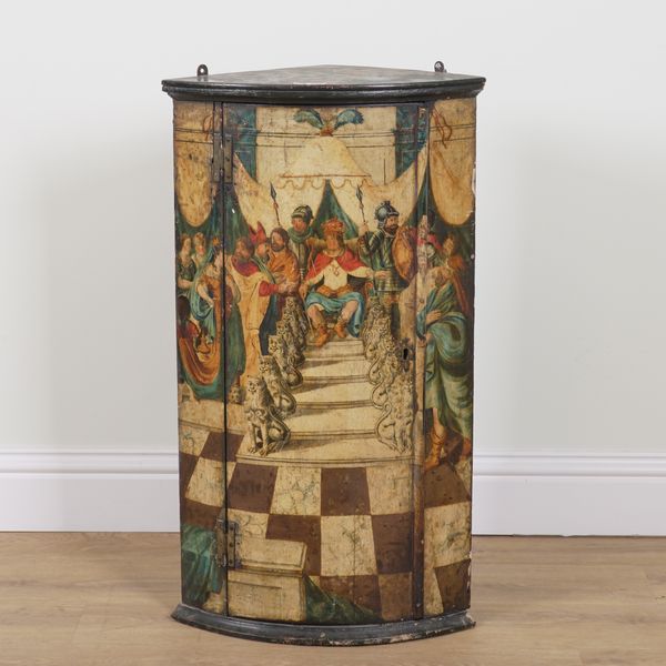 A GEORGE III POLYCHROME PAINTED BOWFRONT HANGING CORNER CUPBOARD