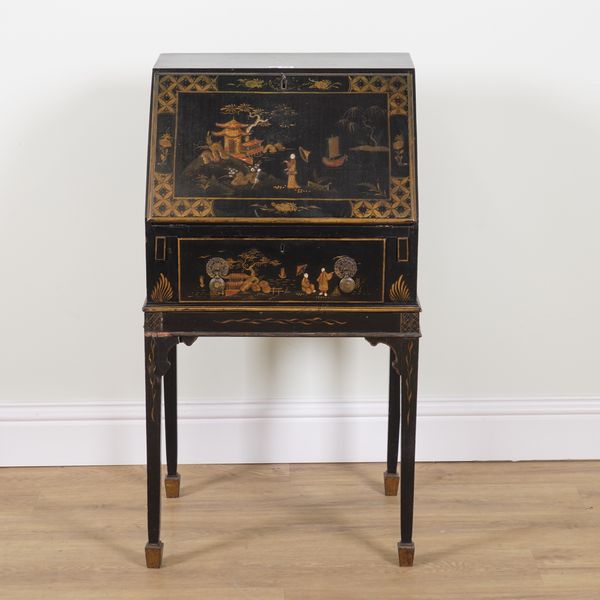 AN EARLY 20TH CENTURY BLACK LACQUER CHINOISERIE DECORATED BUREAU