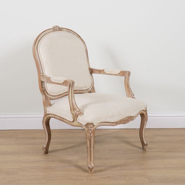 A LOUIS XV STYLE PAINTED BEECH OPEN ARMCHAIR