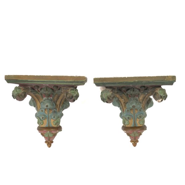 A PAIR OF GOTHIC REVIVAL STYLE  POLYCHROME PLASTER WALL BRACKETS (2)