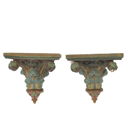 A PAIR OF GOTHIC REVIVAL STYLE  POLYCHROME PLASTER WALL BRACKETS (2)