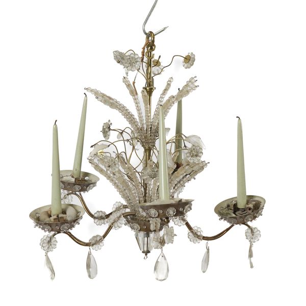 A FRENCH GILT AND BRASS MOUNTED GLASS FIVE LIGHT CHANDELIER