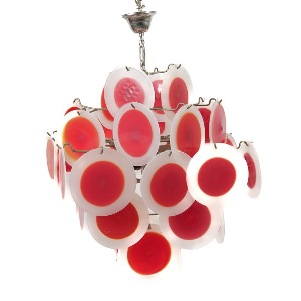 AN ITALIAN MURANO RED AND WHITE GLASS DISC TIERED CHANDELIER