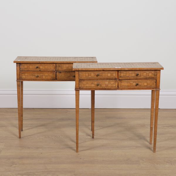 AN UNUSUAL PAIR OF CONTINENTAL CUBE PARQUETRY INLAID FOUR DRAWER SIDE TABLES (2)