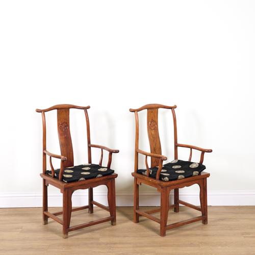 A PAIR OF EARLY 20TH CENTURY CHINESE EXPORT HARDWOOD OPEN ARMCHAIRS (2)