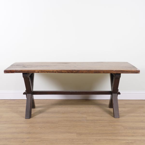 A 17TH CENTURY STYLE OAK TWIN PLANK TOP REFECTORY TABLE