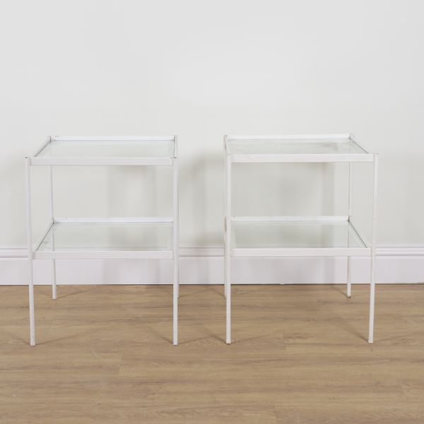 PROBABLY JASPER CONRAN; A PAIR OF GLASS INSET WHITE PAINTED METAL SQUARE TWO TIER OCCASIONAL TABLES (2)