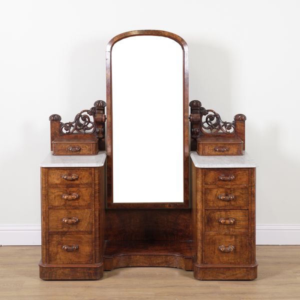 A VICTORIAN FIGURED WALNUT AND MARBLE TWIN PEDESTAL DRESSING TABLE