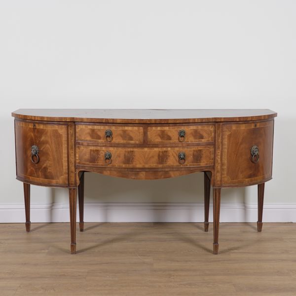 A GEORGE III STYLE INLAID MAHOGANY SHAPED BOWFRONTED SIDEBOARD