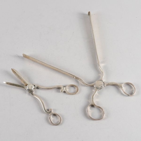 A PAIR OF SILVER SERVING TONGS AND A PAIR OF SILVER GRAPE SCISSORS (2)