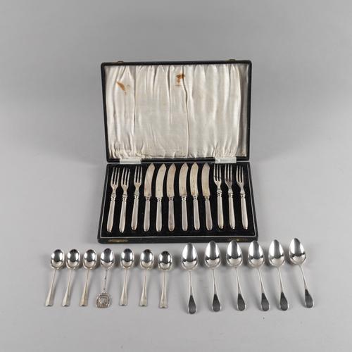 SIX SILVER COFFEE SPOONS AND A GROUP OF PLATED FLATWARE (QTY)