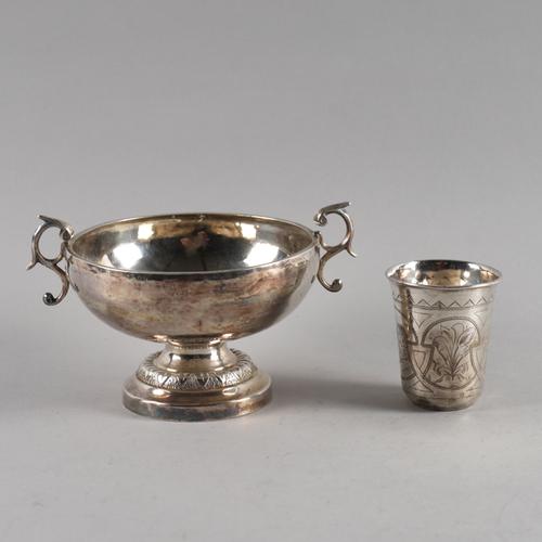 A TWIN HANDLED BOWL AND A BEAKER