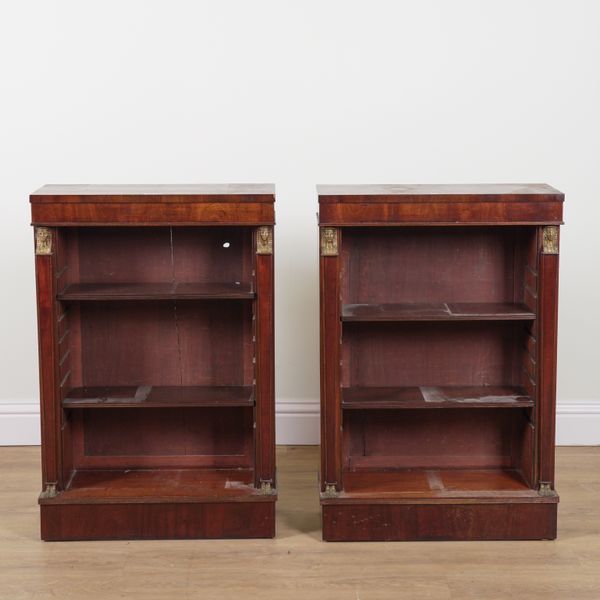 A PAIR OF EMPIRE REVIVAL GILT METAL MOUNTED MAHOGANY FLOOR STANDING OPEN BOOKCASES  (2)