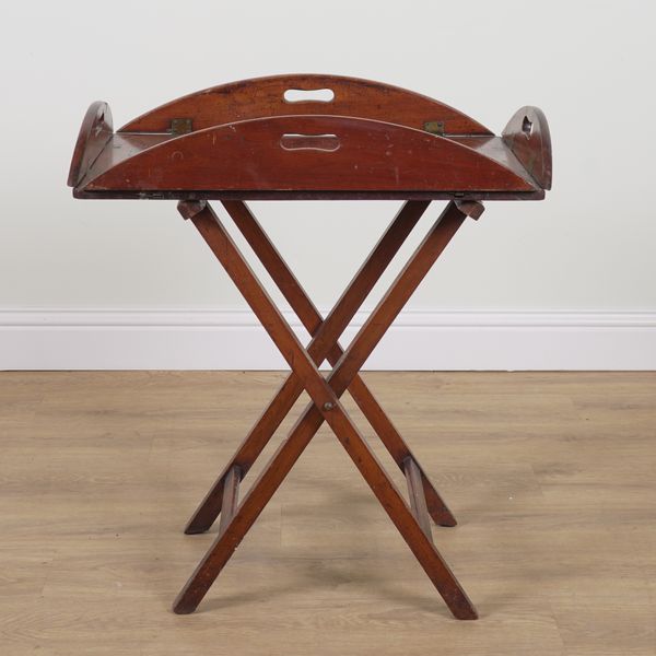 A 19TH CENTURY MAHOGANY DROP FLAP BUTLER'S TRAY AND FOLDING STAND