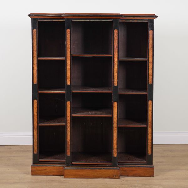 A 19TH CENTURY MAHOGANY AND FIGURED WALNUT BREAK-FRONT FLOOR STANDING TRIPLE SECTION OPEN BOOKCASE