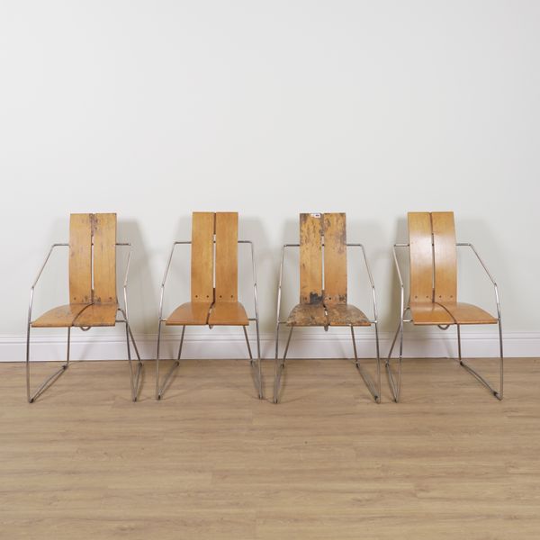 A SET OF FOUR CONTEMPORARY DESIGN CHROME AND BEECH OPEN ARMCHAIRS (4)