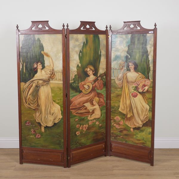 AN ART NOUVEAU MAHOGANY THREE FOLD DRAUGHT SCREEN