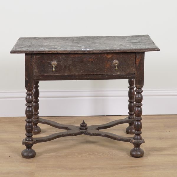 A SMALL 17TH CENTURY OAK TWIN PLANK TOP SINGLE DRAWER SIDE TABLE