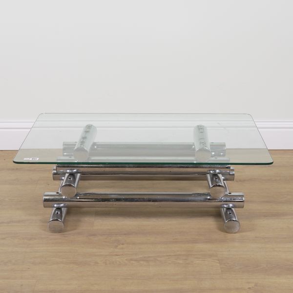 A MODERN GLASS AND CHROME RECTANGULAR COFFEE TABLE